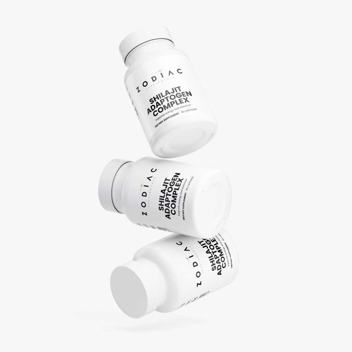 Three bottles of Shilajit Adaptogen Complex showcasing the botanical energy support formula.