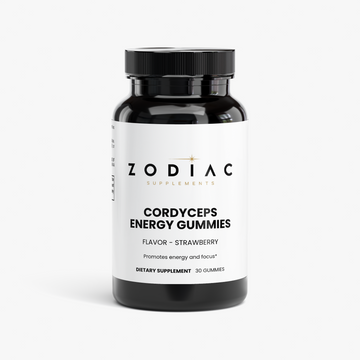 Cordyceps Energy Gummies bottle featuring strawberry flavor, promoting energy and focus in a dietary supplement.