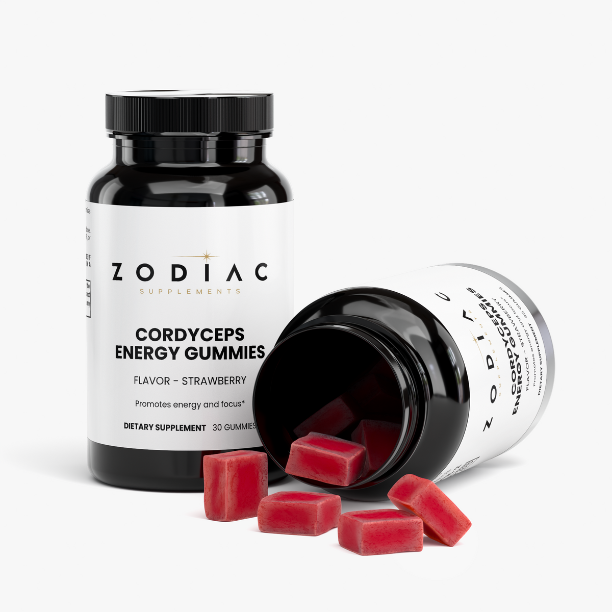 Cordyceps Energy Gummies bottle with strawberry-flavored gummies promoting energy and focus.