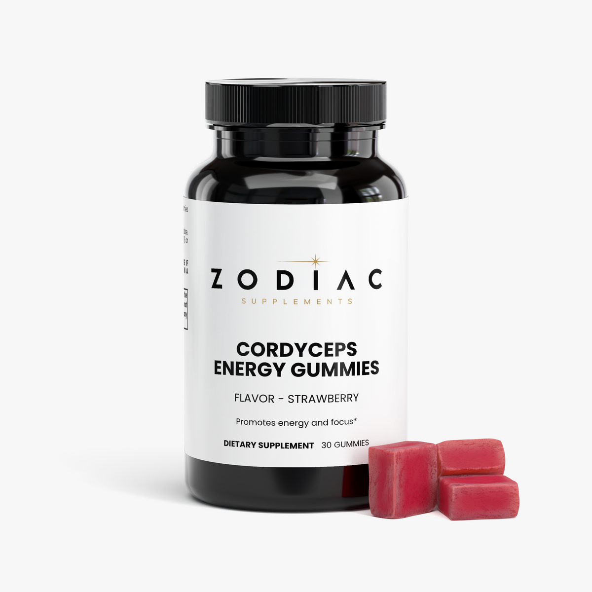 Cordyceps Energy Gummies in strawberry flavor, promoting energy and focus, packed in a bottle with gummies.