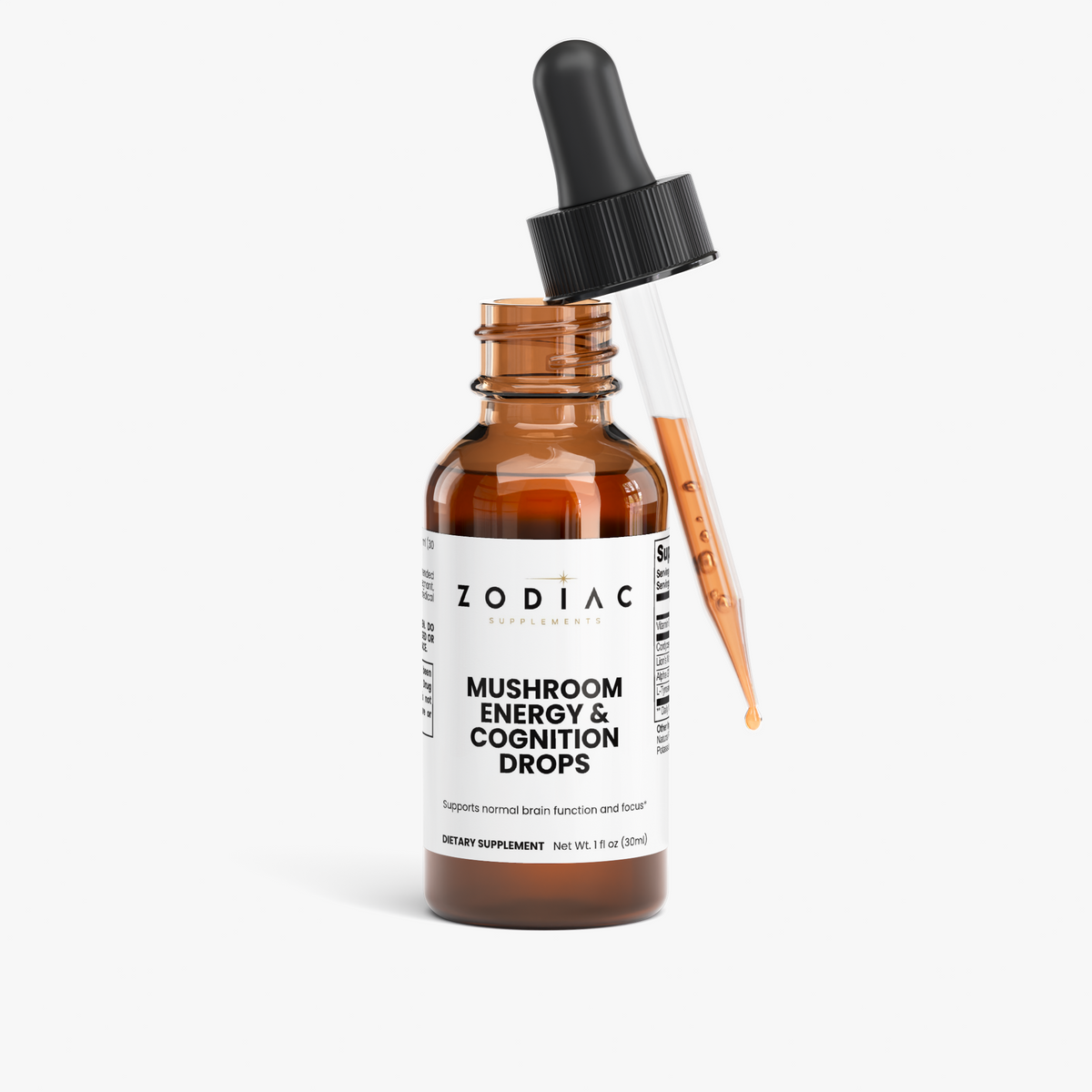 Mushroom Energy & Cognition Drops bottle with dropper, dietary supplement for brain function support.