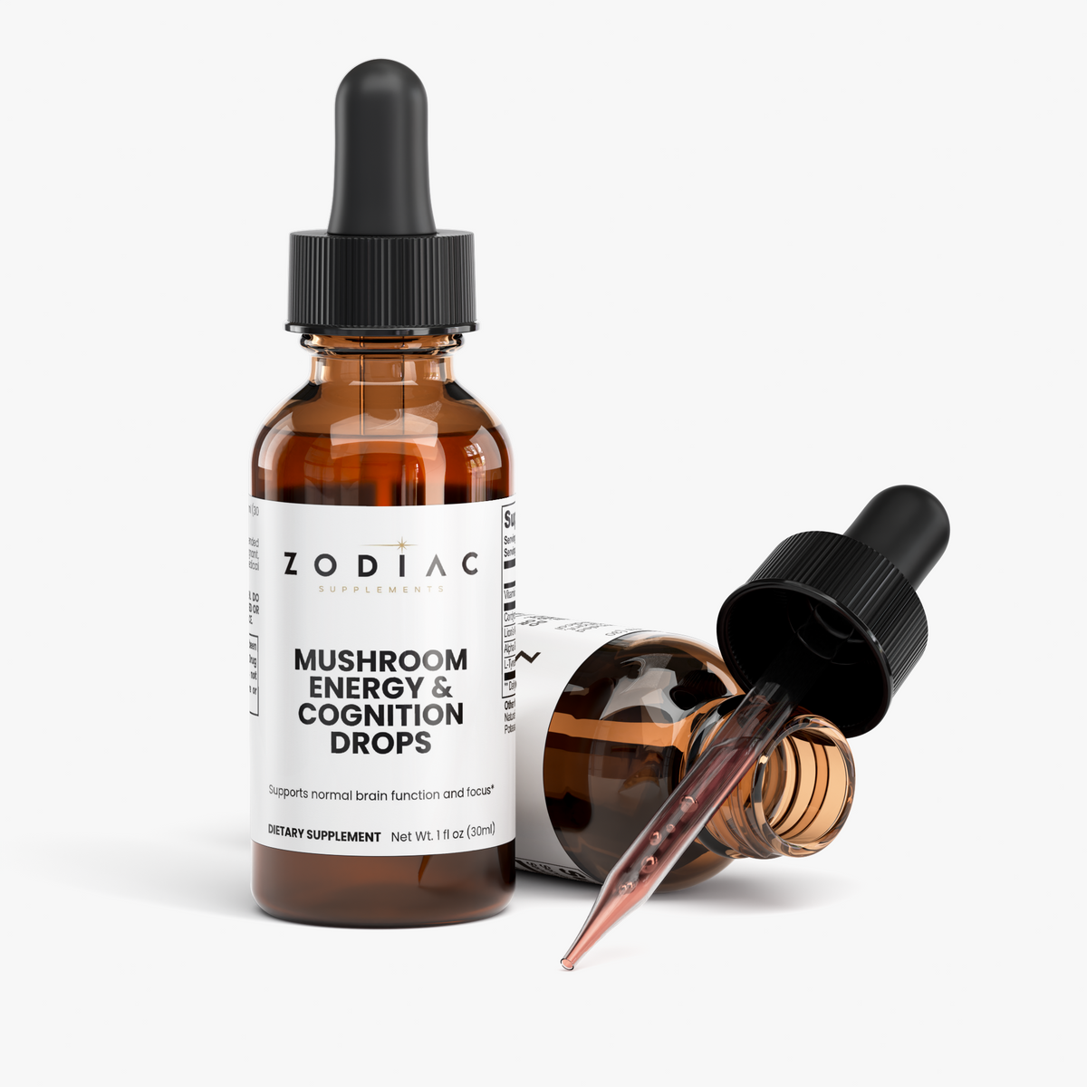 Mushroom Energy & Cognition Drops in amber dropper bottle for brain health and cognitive support.