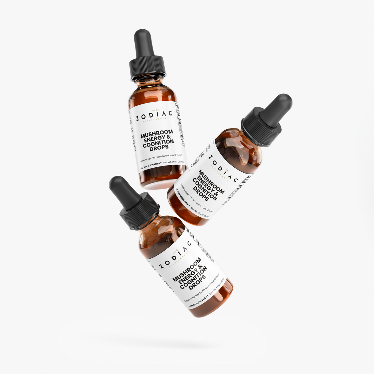 Three bottles of Mushroom Energy & Cognition Drops featuring functional mushroom extracts.