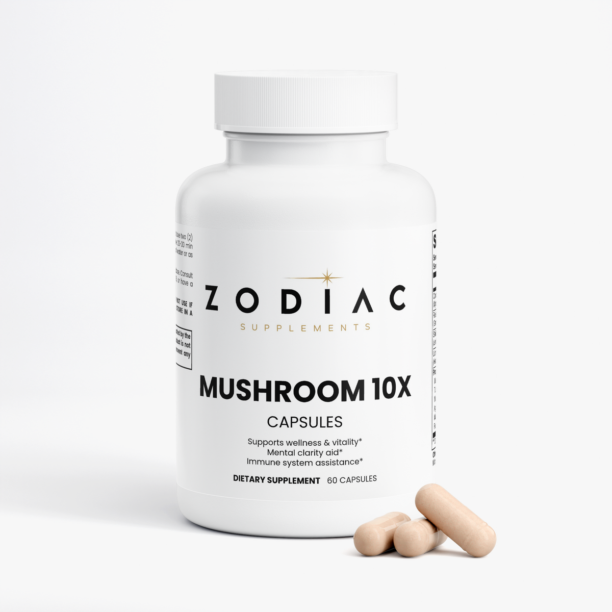 Mushroom Complex 10 X capsules in a white bottle with three capsules beside it, promoting wellness and mental clarity.