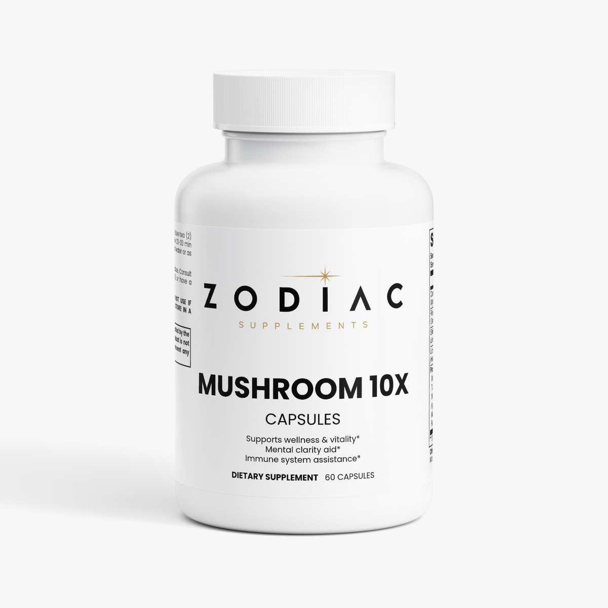 Mushroom Complex 10 X dietary supplement bottle showcasing wellness and vitality support.