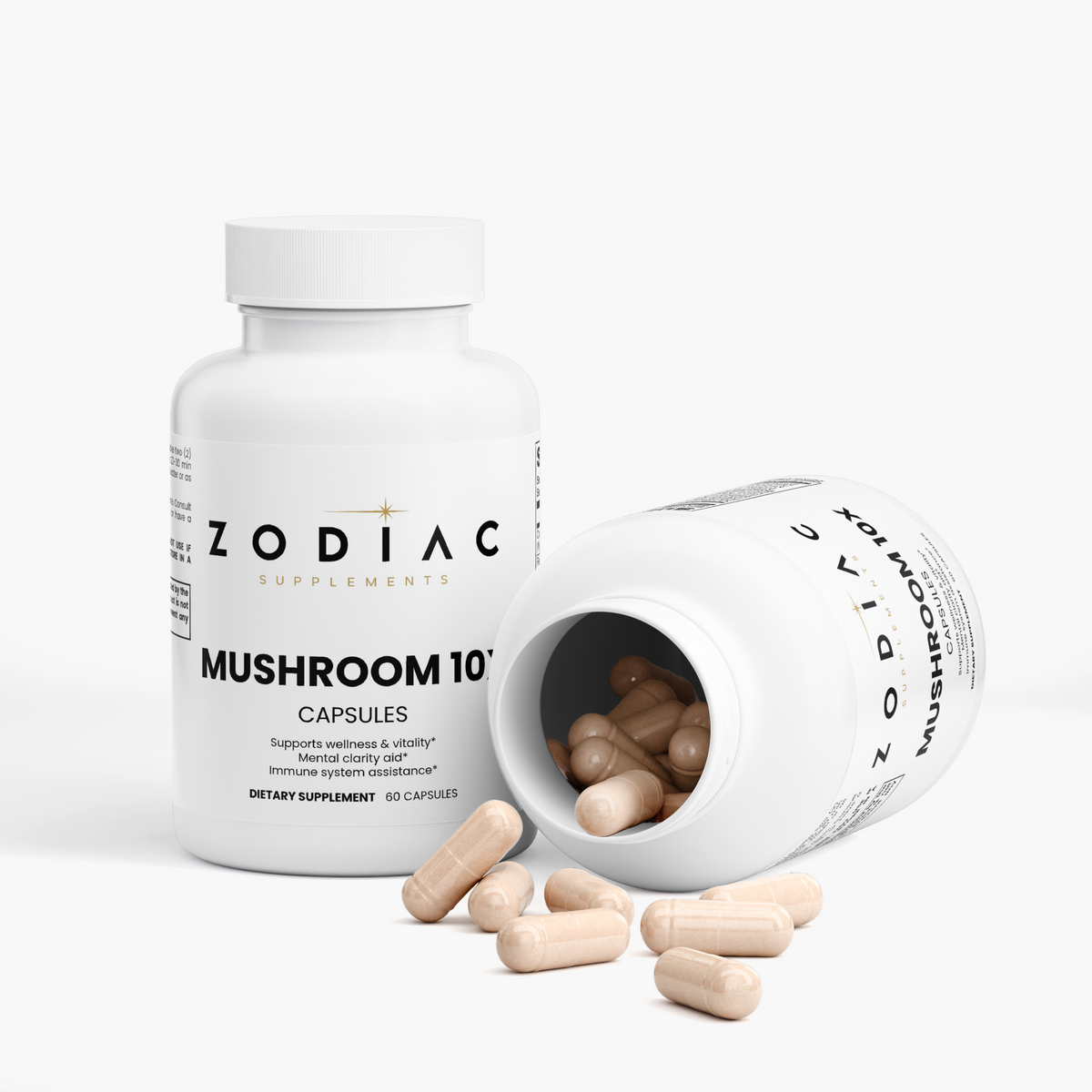 Mushroom Complex 10 X dietary supplement capsules in a bottle, promoting immune health and wellness.