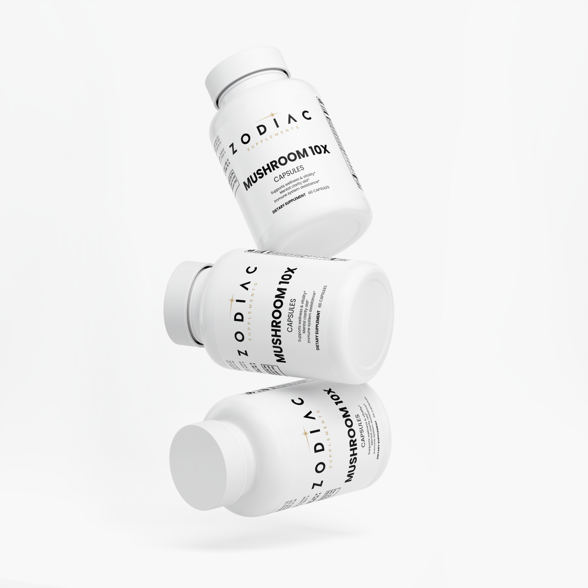 Three bottles of Mushroom Complex 10 X capsules from Zodiac, promoting wellness and stress support.
