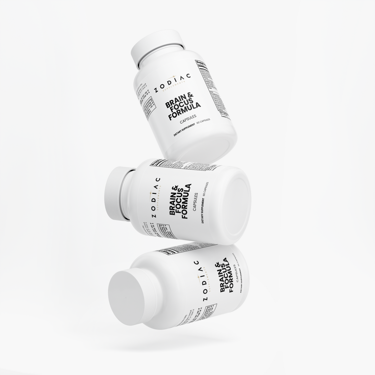Three bottles of Brain & Focus Formula capsules designed for cognitive support and mental clarity.