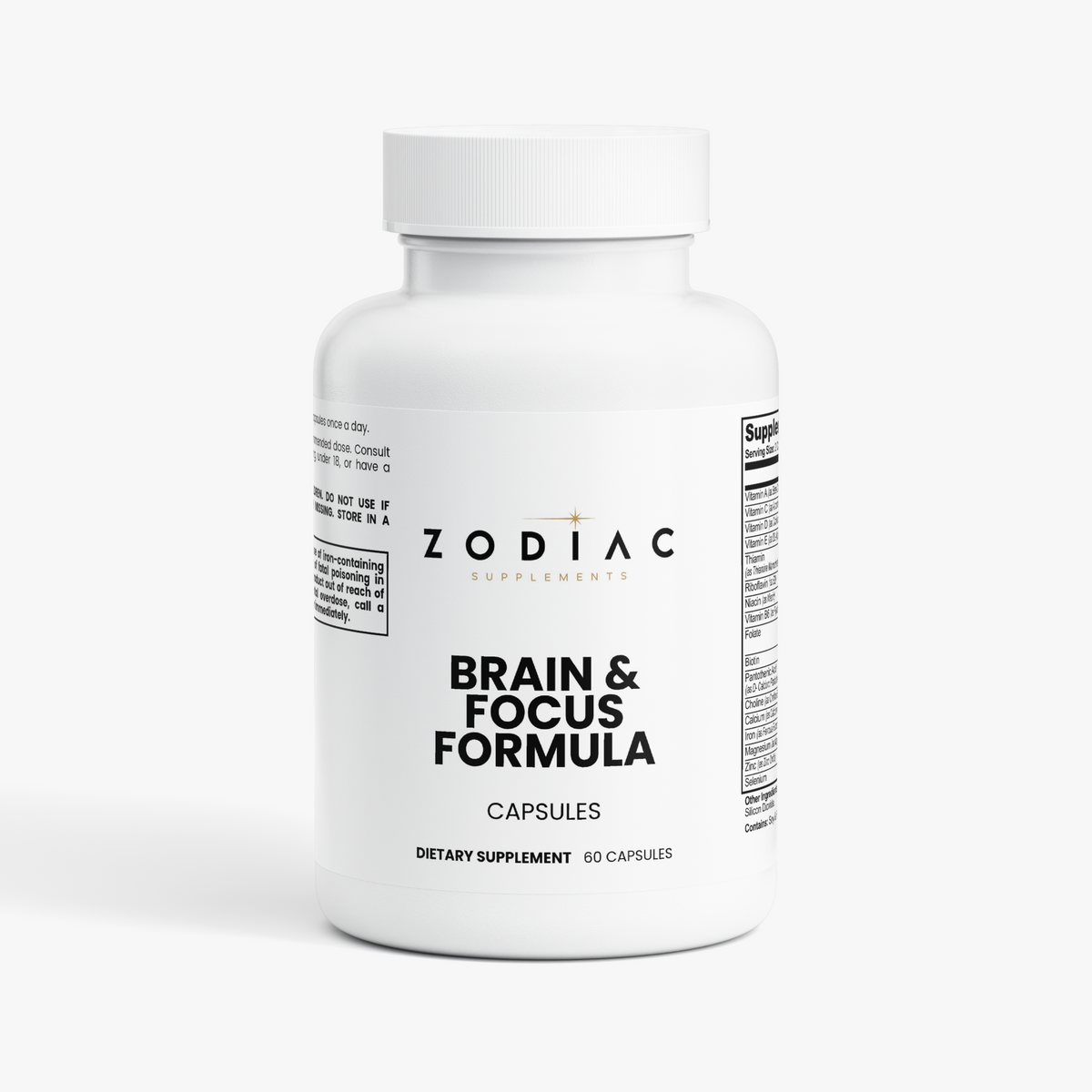 Zodiac Brain & Focus Formula capsules bottle for cognitive support and mental clarity.