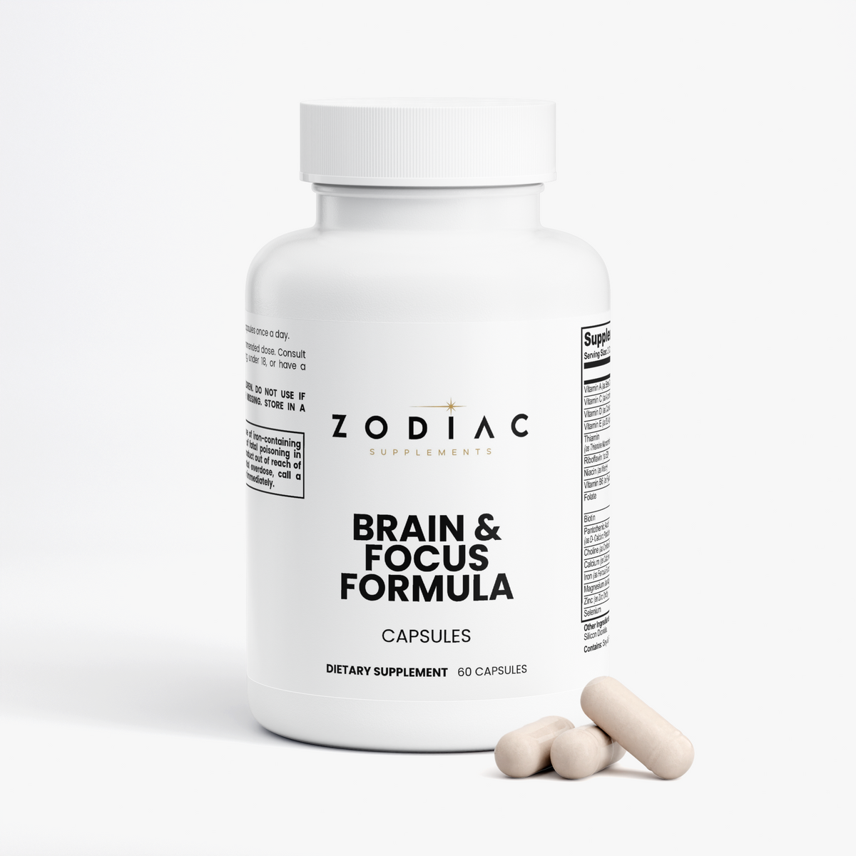 Zodiac Supplements Brain & Focus Formula capsules bottle with three capsules on a white background.