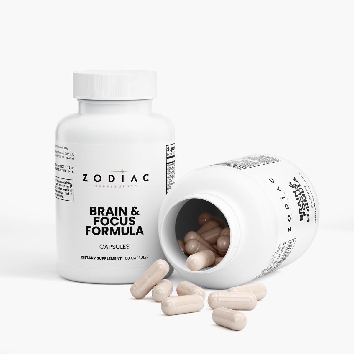 Zodiac Brain & Focus Formula capsules in a bottle with some spilled on the surface, promoting cognitive support.
