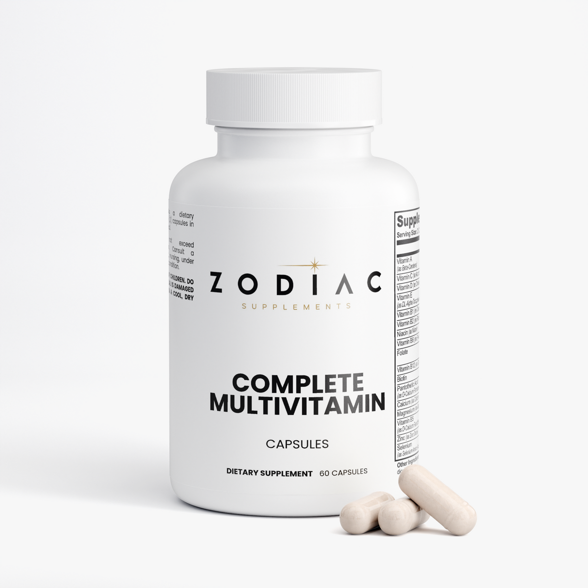 Complete Multivitamin dietary supplement bottle with capsules, providing essential vitamins and minerals.