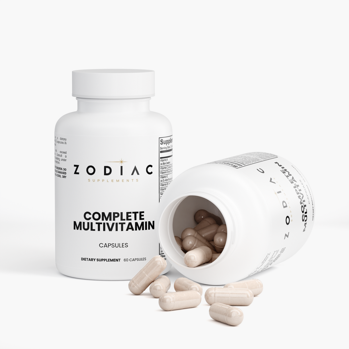 Complete Multivitamin capsules in a bottle with some spilled on the surface.