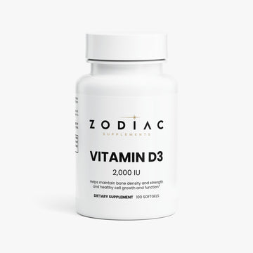Vitamin D3 2000 IU softgel dietary supplement bottle for bone health and energy support.