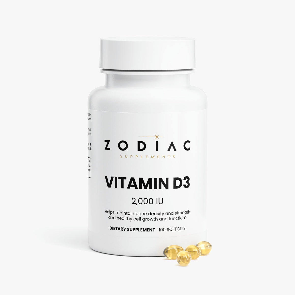 Vitamin D3 2000 IU supplement bottle with softgels for bone health and function support