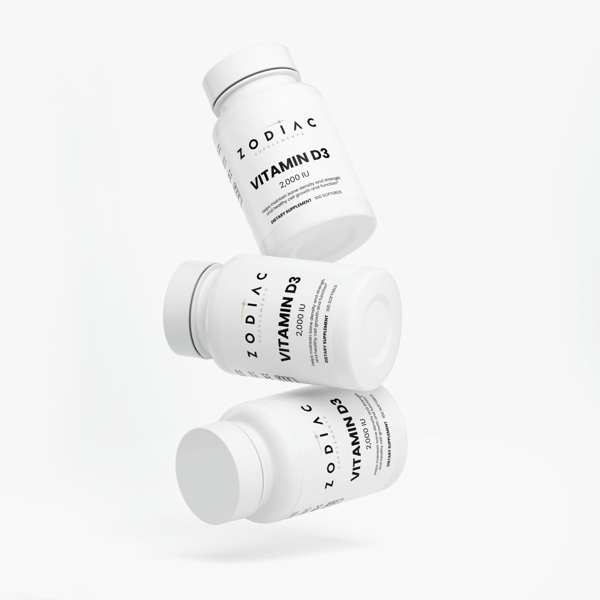 Three bottles of Vitamin D3 2000 IU supplement showcasing the product's packaging and branding.