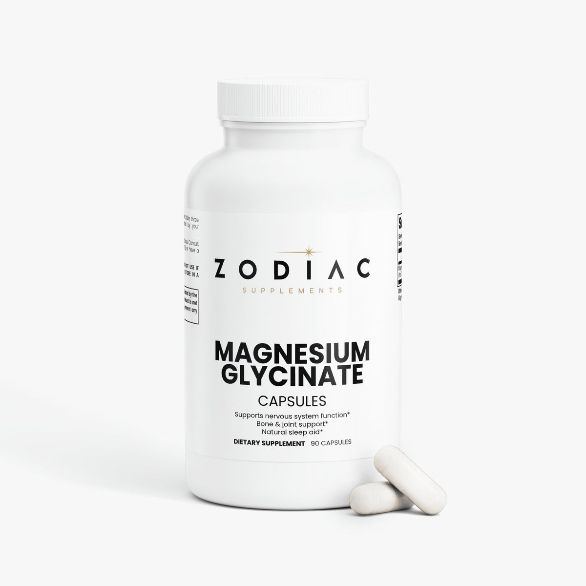 Magnesium Glycinate Capsules bottle for dietary supplement, supports nerve function and overall health.
