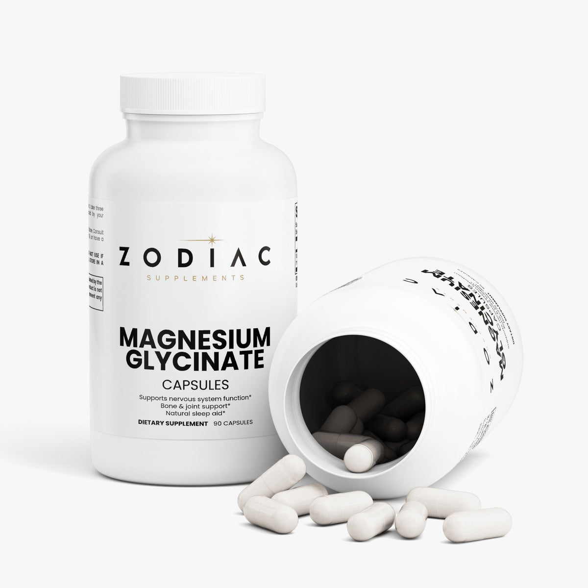 Magnesium Glycinate capsules in a white bottle, emphasizing nerve function and muscle support.