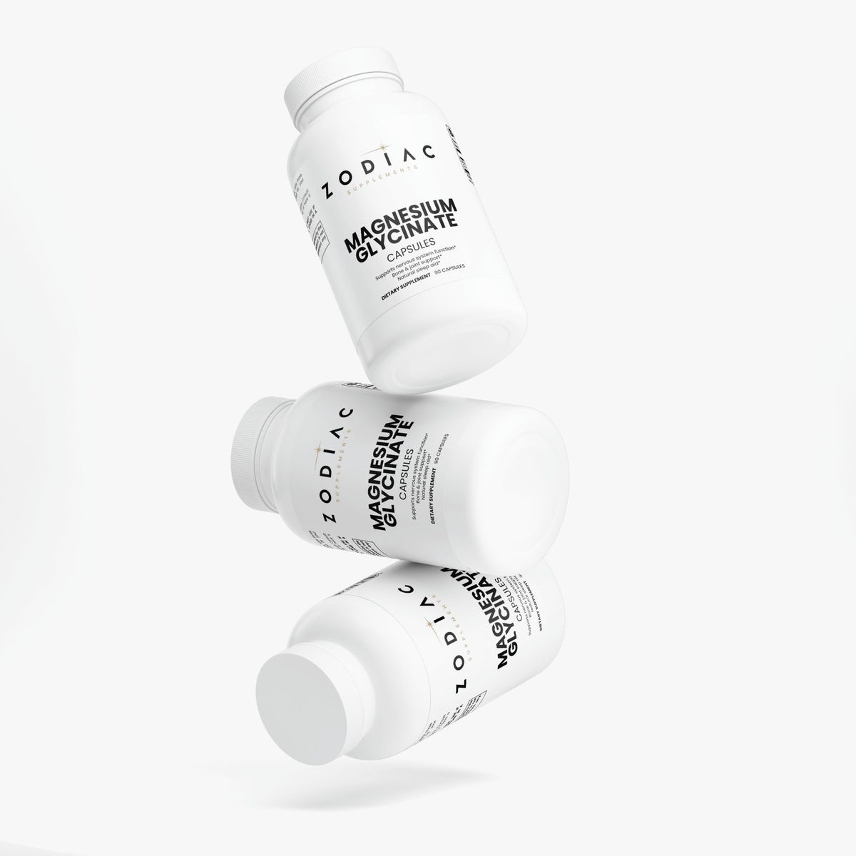 Three bottles of Magnesium Glycinate capsules showcasing premium quality magnesium supplement.