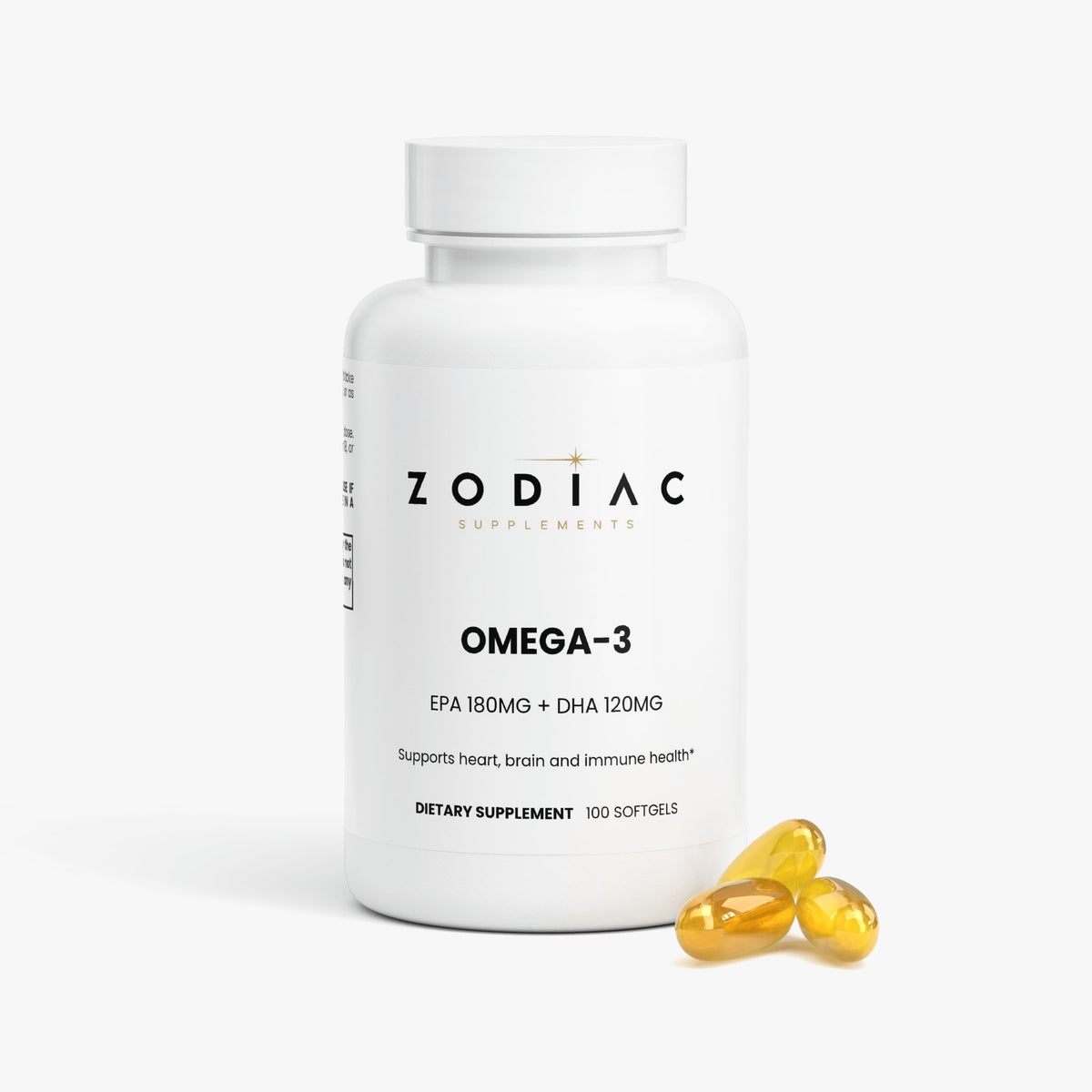 Omega-3 EPA 180mg + DHA 120mg dietary supplement with softgels for heart and brain health.