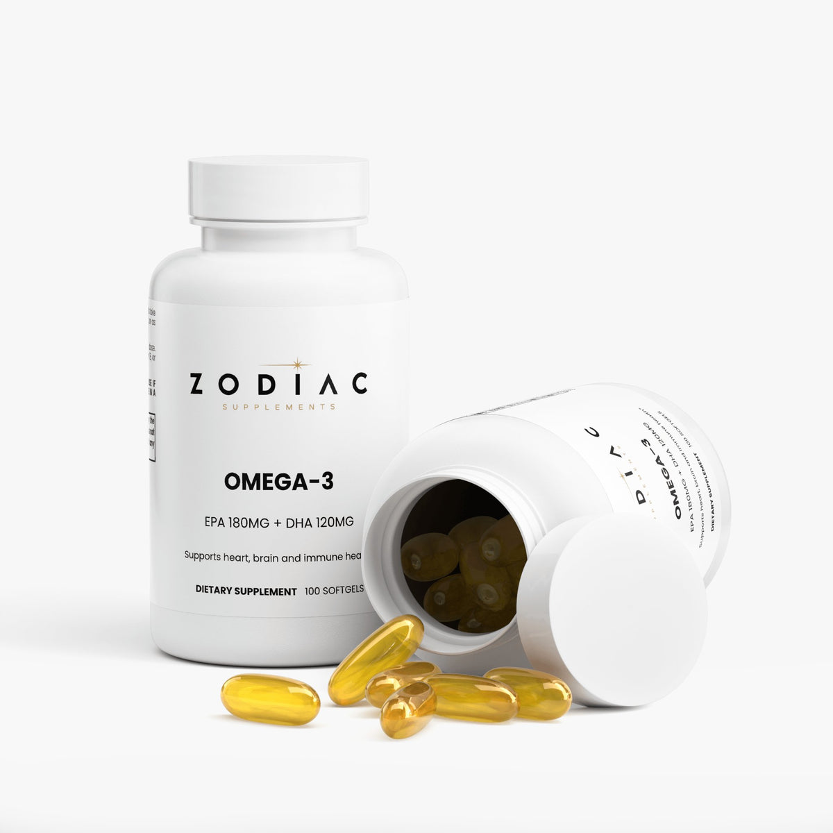 Omega-3 EPA 180mg + DHA 120mg supplement bottle with softgels on the side.