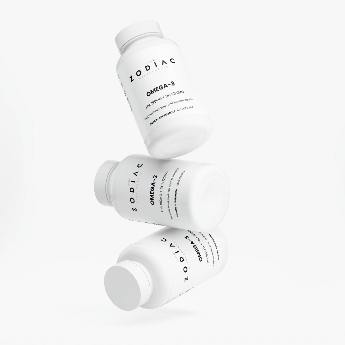 Omega-3 EPA 180mg + DHA 120mg dietary supplement bottles floating in a clean design.