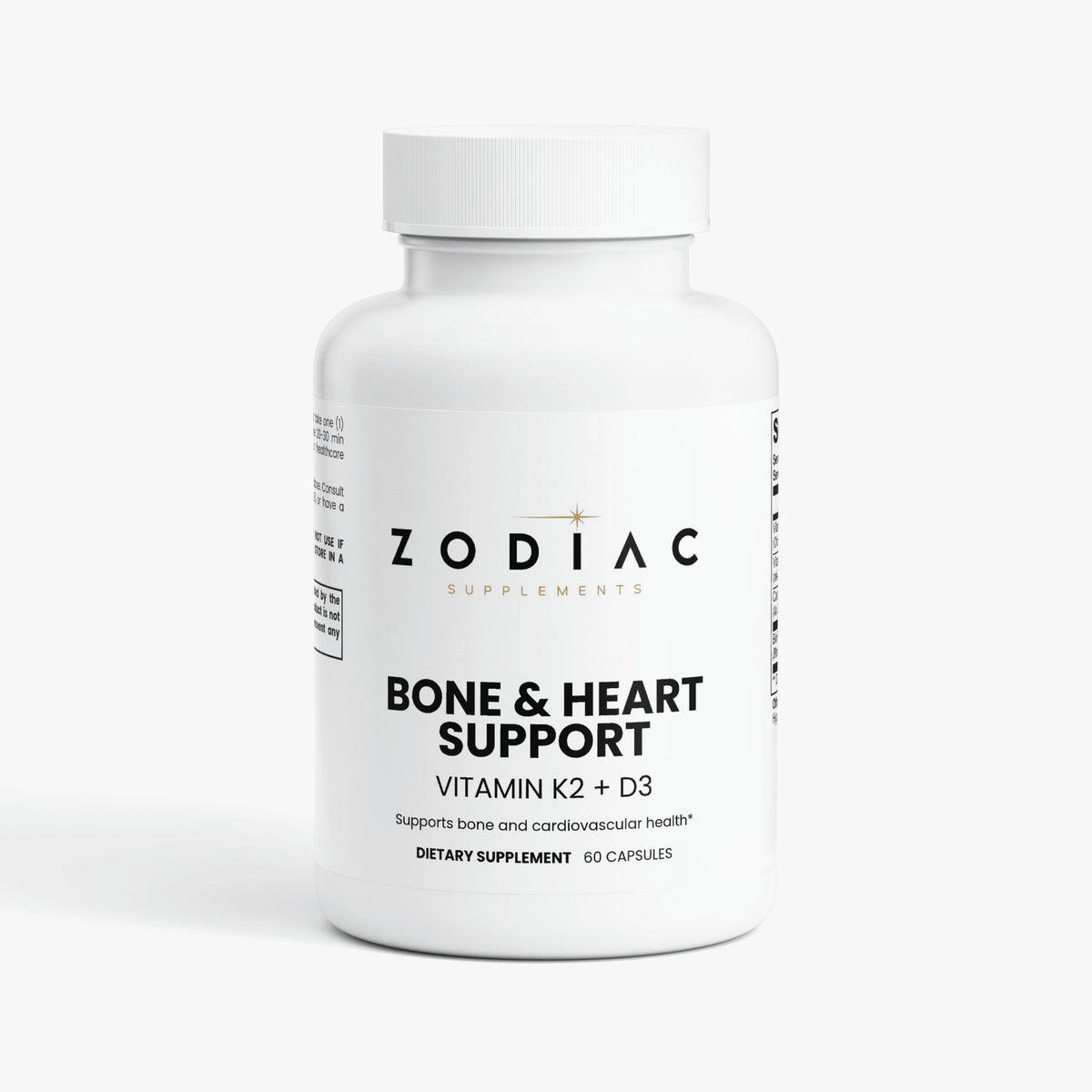 Bone & Heart Support dietary supplement bottle with Vitamin K2 and D3 for bone and cardiovascular health.