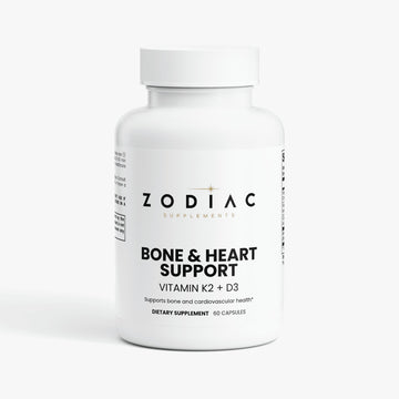 Bone & Heart Support dietary supplement bottle with Vitamin K2 and D3 for bone and cardiovascular health.