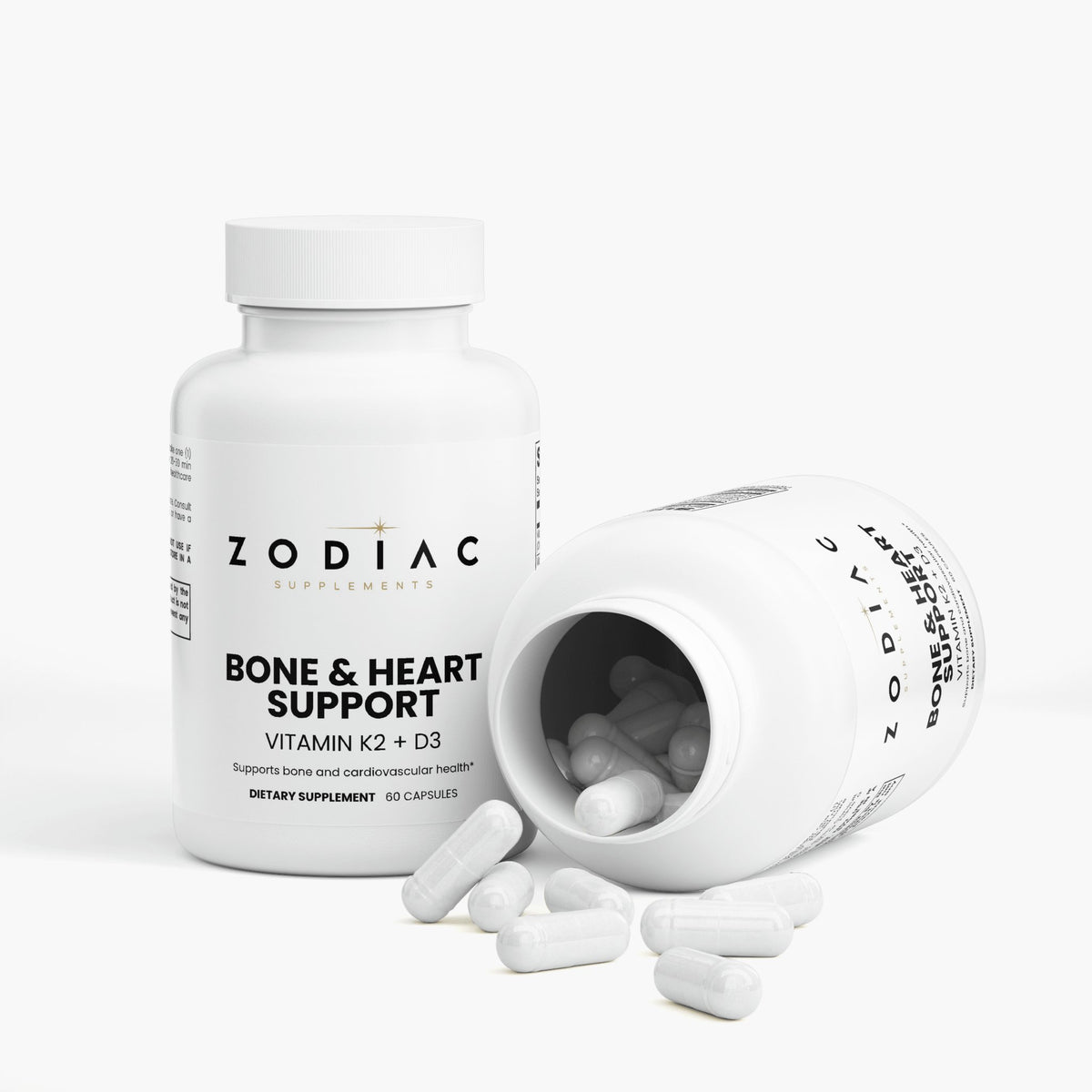 Zodiac Bone & Heart Support supplement bottle with capsules, promoting bone and cardiovascular health.