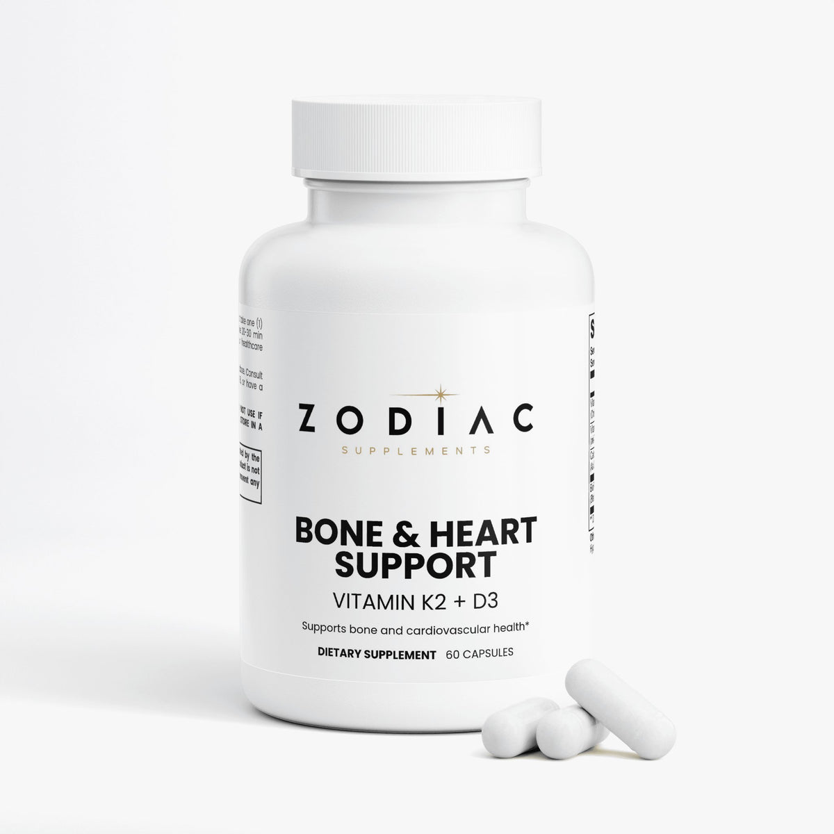 Bone & Heart Support vitamin K2 and D3 dietary supplement bottle with capsules