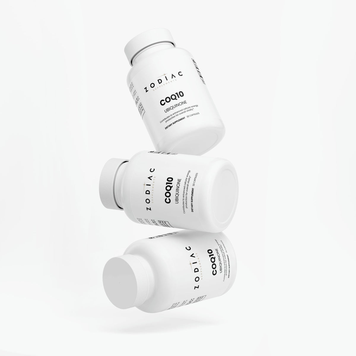 CoQ10 Ubiquinone supplement containers stacked on each other on a white background.