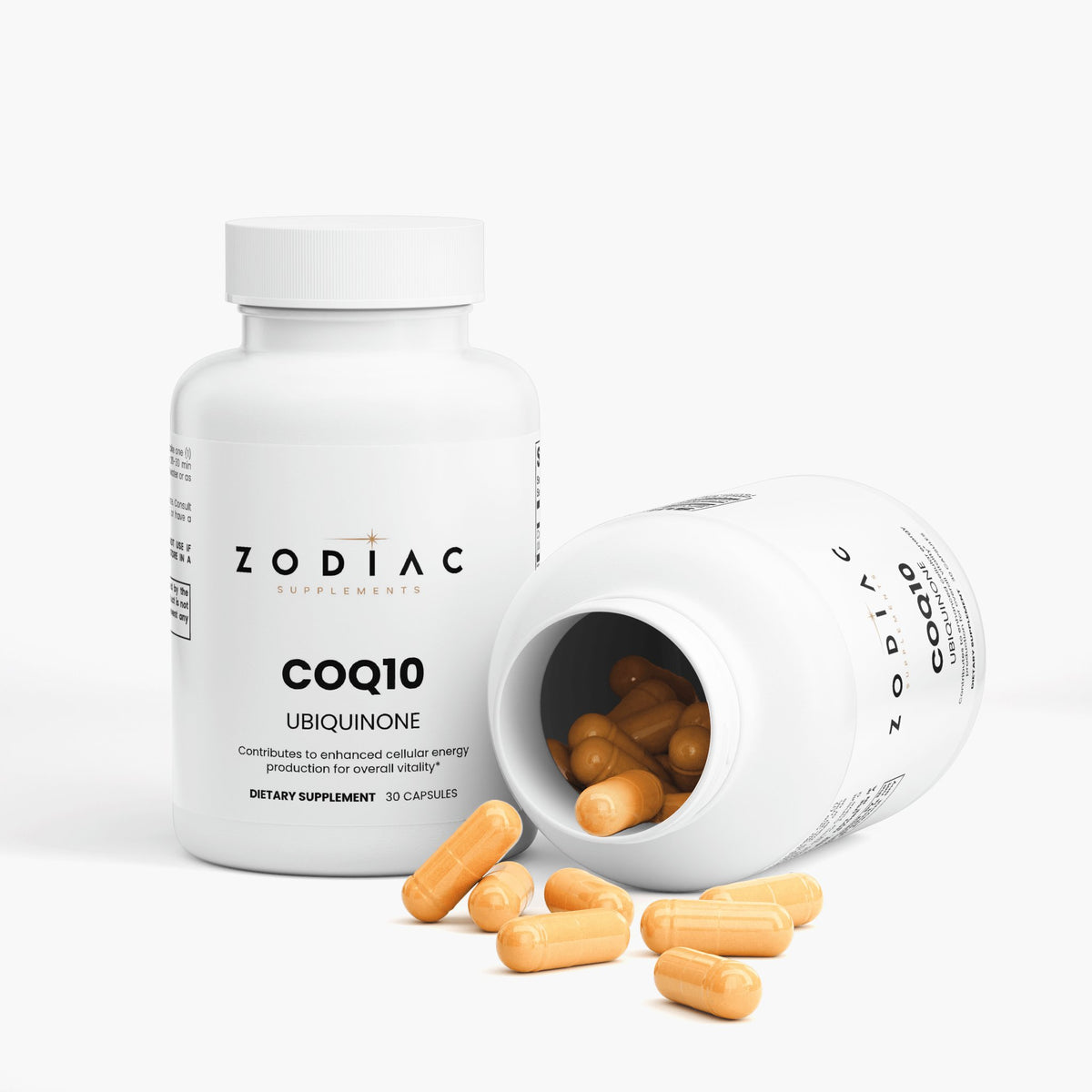 CoQ10 Ubiquinone dietary supplement capsules in a bottle for energy production and vitality support.