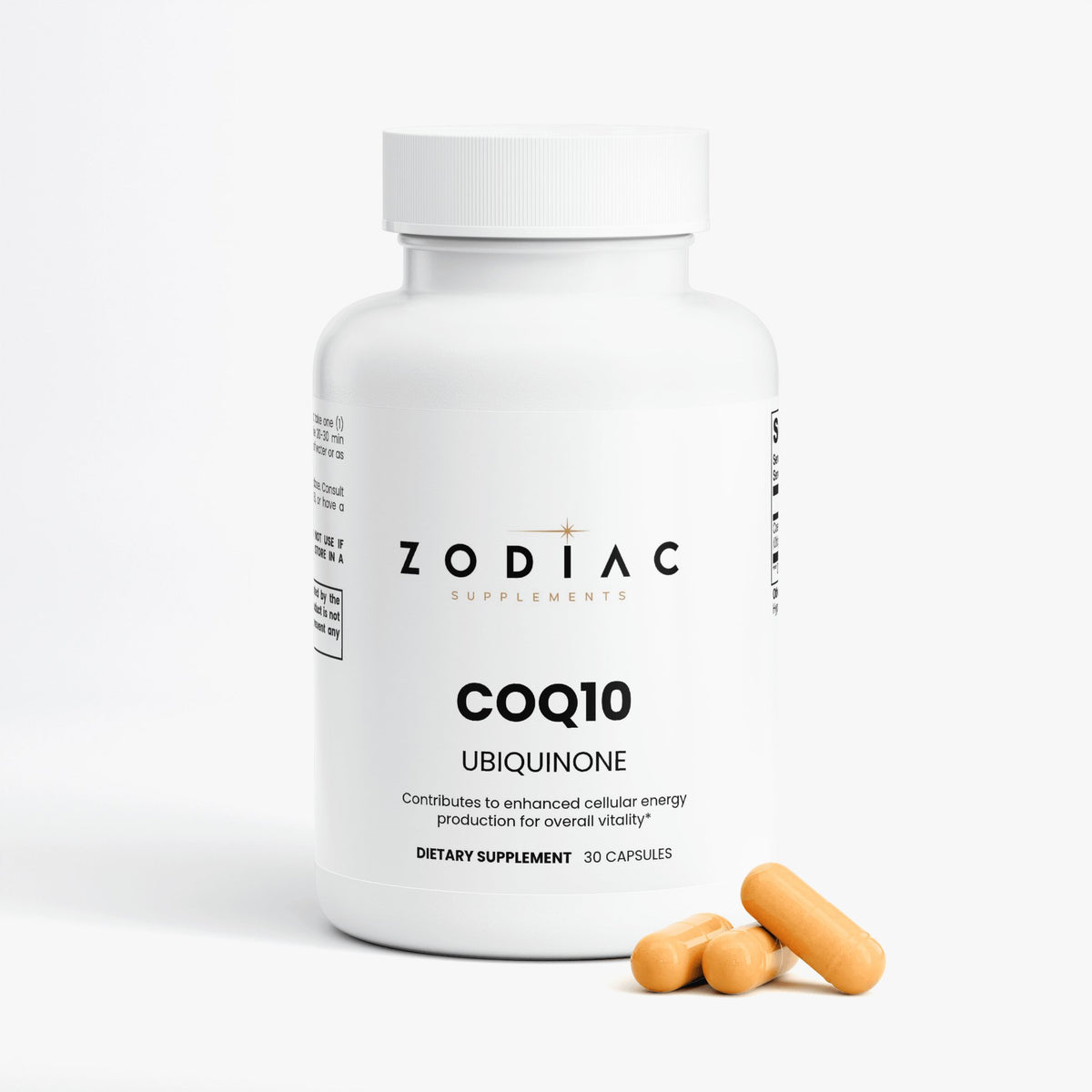 CoQ10 Ubiquinone supplement bottle with capsules for enhanced energy production and vitality.