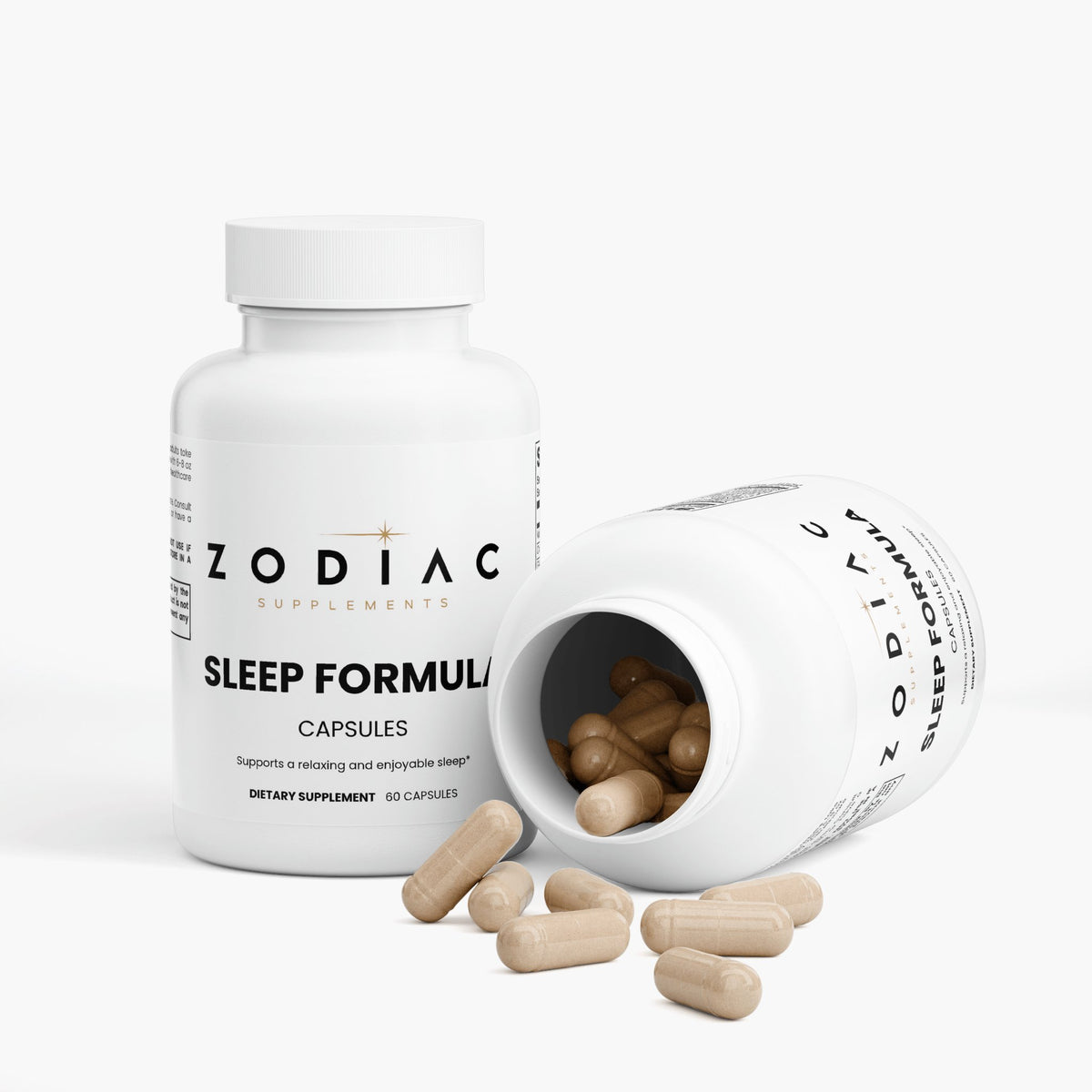Zodiac Sleep Formula capsules promoting restful sleep and relaxation with natural ingredients in a bottle and spilled on the surface.