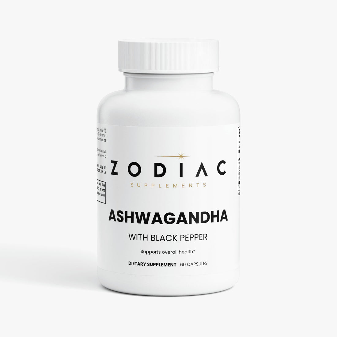 Bottle of Ashwagandha dietary supplement with black pepper, supports overall health, 60 capsules.