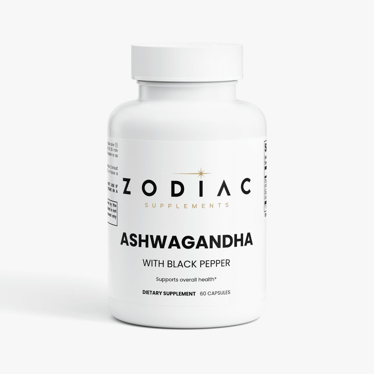 Bottle of Ashwagandha dietary supplement with black pepper, supports overall health, 60 capsules.