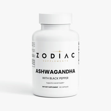 Bottle of Ashwagandha dietary supplement with black pepper, supports overall health, 60 capsules.