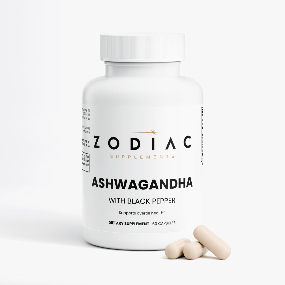 Zodiac Supplements Ashwagandha with Black Pepper, supporting overall health, dietary supplement capsules.