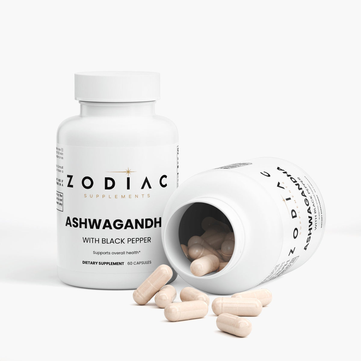Zodiac Supplements Ashwagandha bottle with black pepper and capsules, supports overall health.