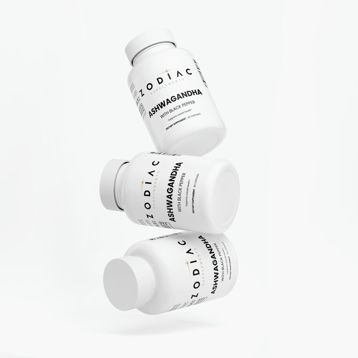 Three bottles of Ashwagandha supplement by Zodiac with labels showcasing organic ingredients.