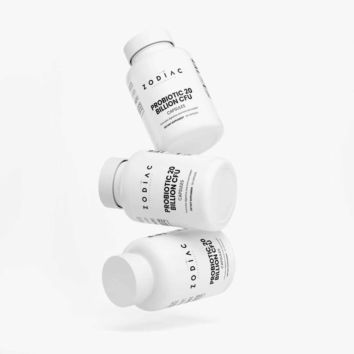Three bottles of Probiotic 20 Billion capsules showcasing their packaging and branding.