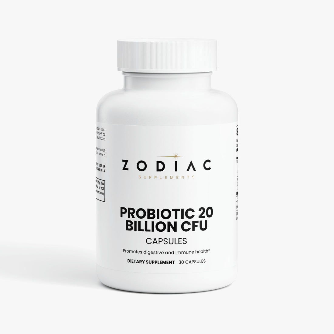 Probiotic 20 Billion CFU capsules in a white bottle designed to promote digestive and immune health.