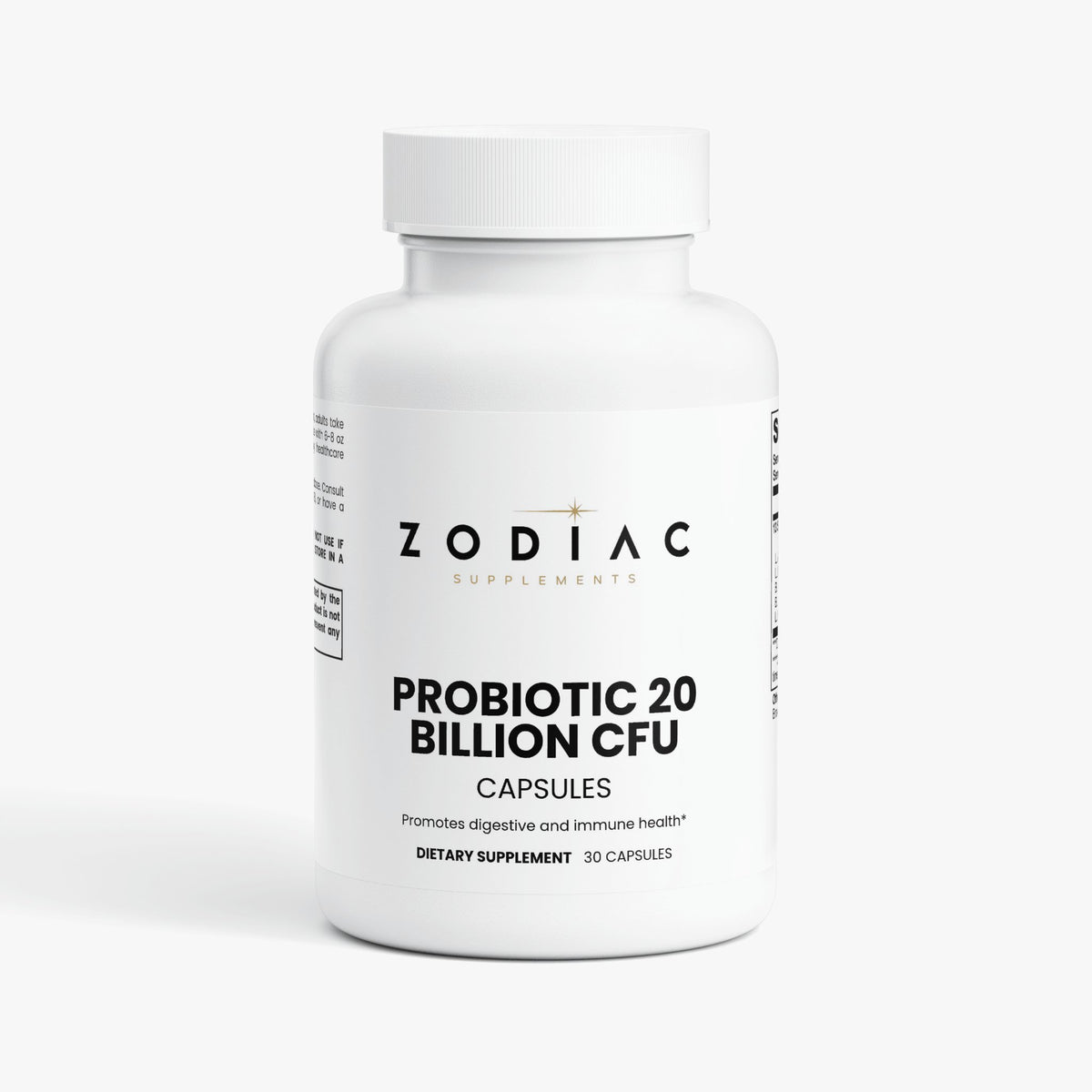 Probiotic 20 Billion CFU capsules in a white bottle designed to promote digestive and immune health.