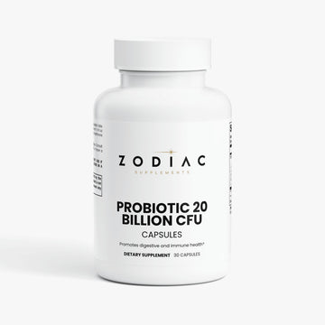 Probiotic 20 Billion CFU capsules in a white bottle designed to promote digestive and immune health.