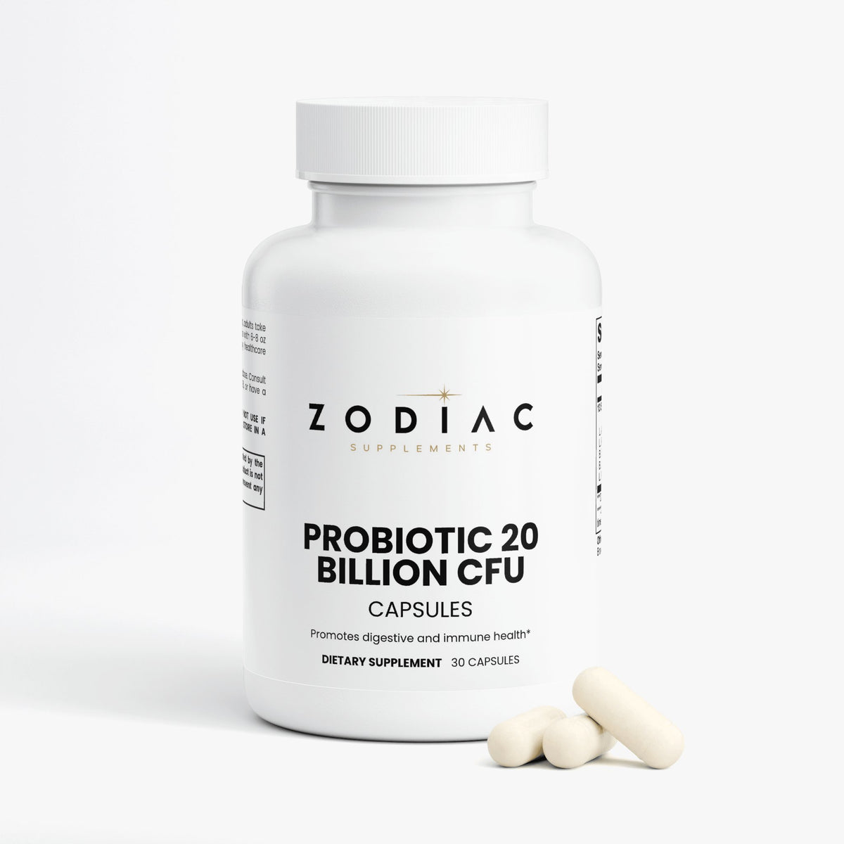 Probiotic 20 Billion CFU dietary supplement bottle with capsules for digestive and immune health.