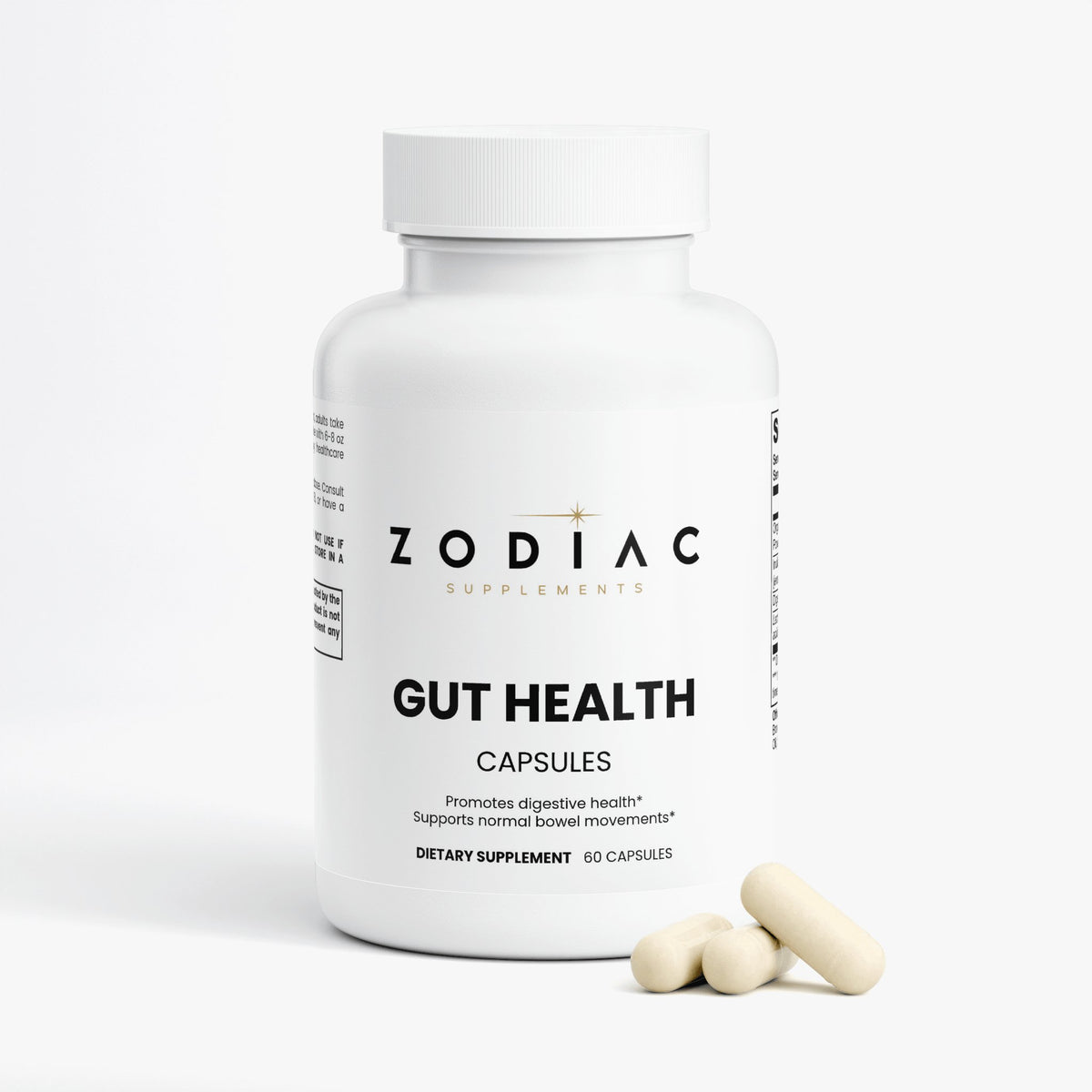 Gut Health dietary supplement capsules promoting digestive health and normal bowel movements.