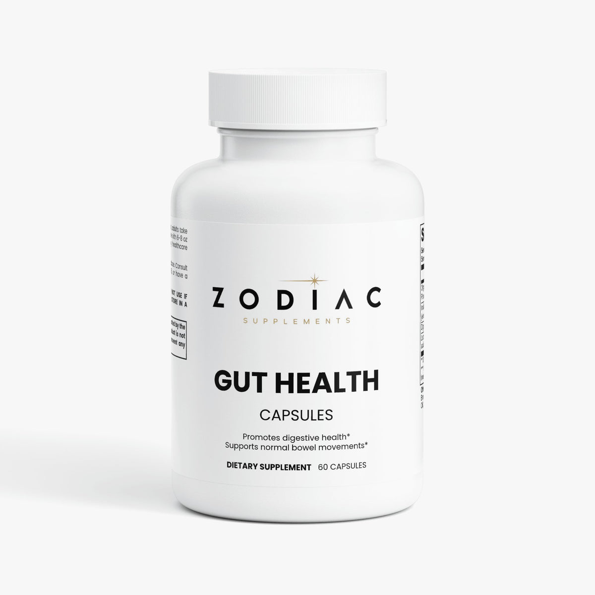 Zodiac Supplements Gut Health capsules for digestive health and normal bowel movements.