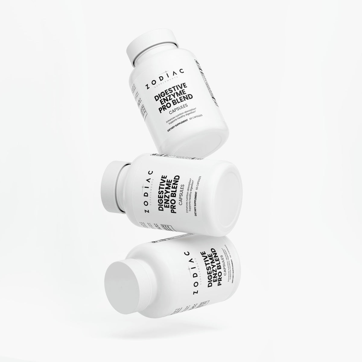 Three bottles of Digestive Enzyme Pro Blend supplements stacked in a floating position.