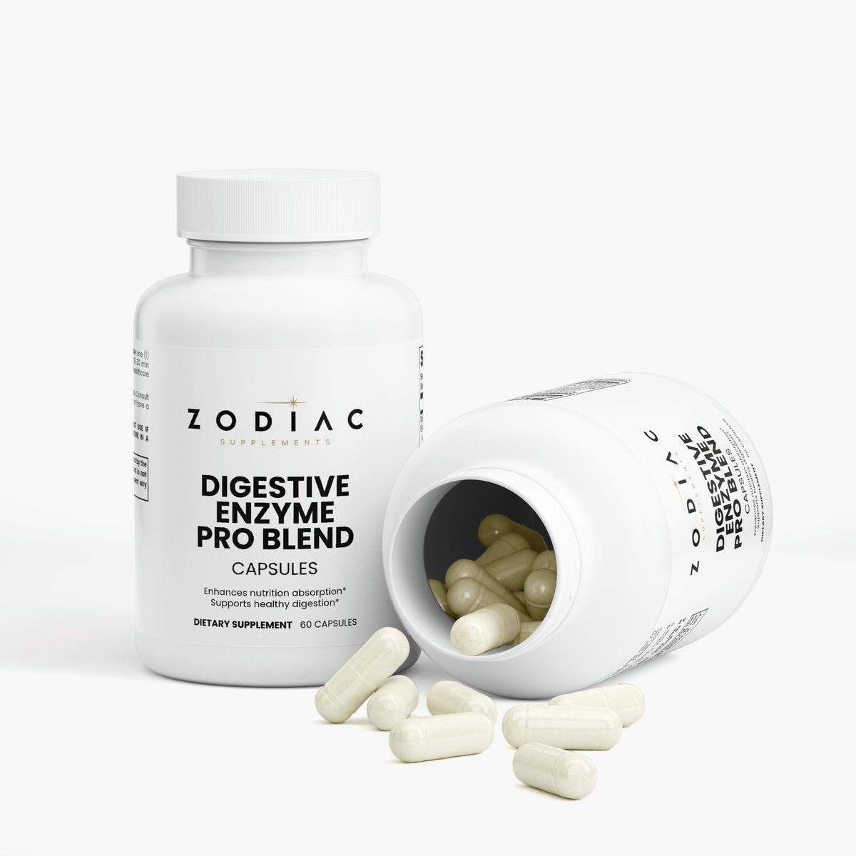 Digestive Enzyme Pro Blend supplement bottle and capsules for healthy digestion and nutrient absorption.