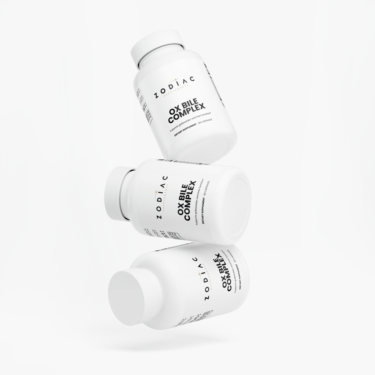 Three bottles of Ox Bile Complex supplement floating against a white background.